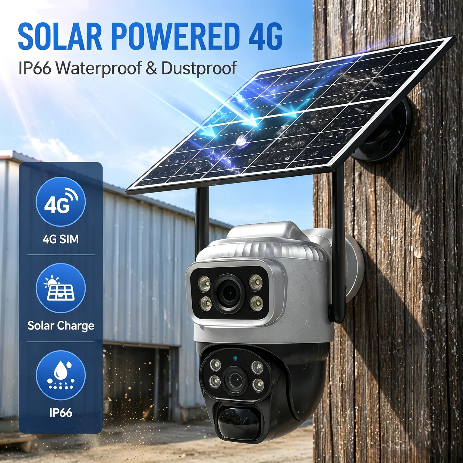 8MP 4K 4G Solar PTZ Security Camera Dual Lens Outdoor - 4G SIM Card, Auto Tracking, Full Color Night Vision, 2-Way Audio, IP66 W view 4