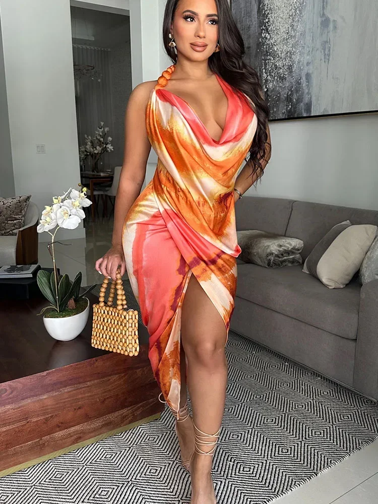 เซ็กซี่ Halter Backless Wrap Maxi ชุดผู้หญิงแขนกุด V คอ Tie Dye พิมพ์ซาตินสูงแยก Club Party ชุดยาววันหยุด