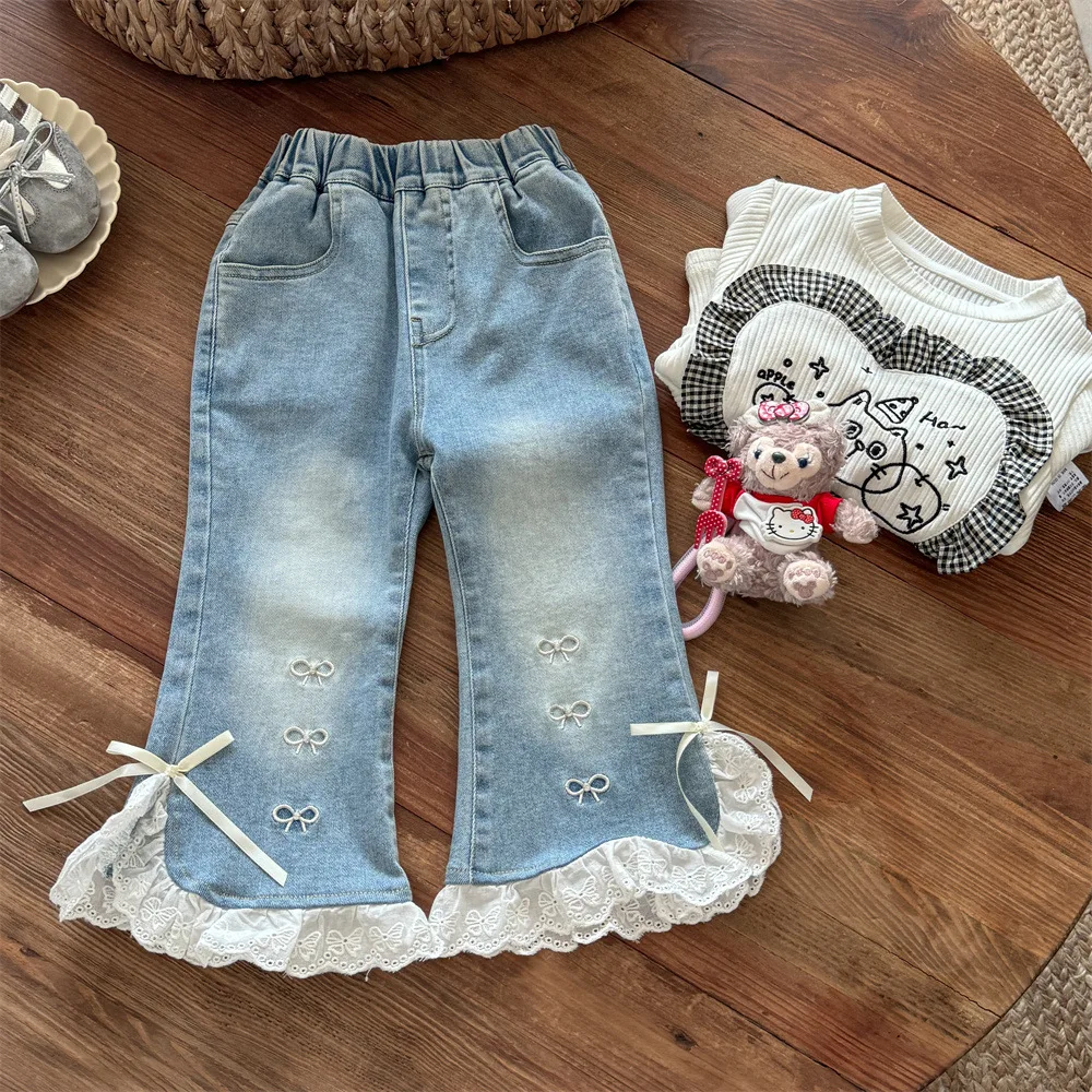 

Baby Girl Lace Split Jeans Spring and Autumn New Little Girl Sweet Foreign Style Flared Pants Long Pants
