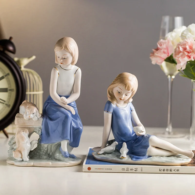 

European Cute Western Girl Puppy Ceramic Decoration Home Livingroom Desktop Figurines Ornaments Office Table Accessories Crafts