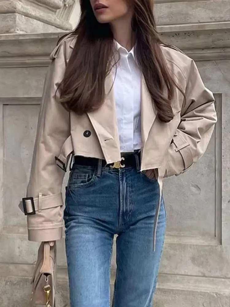 

HH Autumn Women's Vintage Trench Coats Solid With Belt Long Sleeves Lapel Double Breasted Street Fashion Short Windbreaker