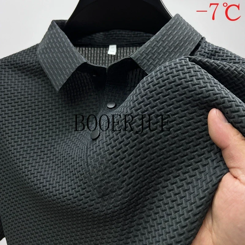 Breathable Business Fashion T-Shirt Male Brand Clothes 2026 Summer New Men's Lop-up Hollow Short-sleeved Polo Tee Shirt Ice Silk