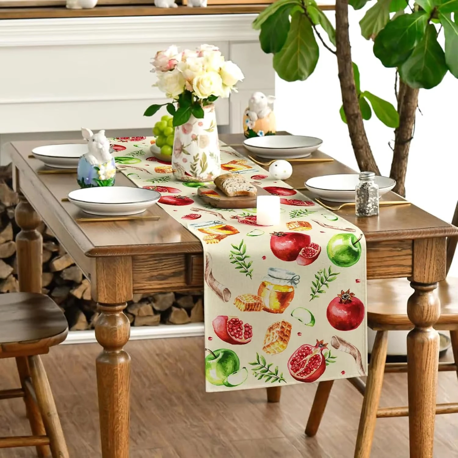 1pc Watercolor Jewish New Year Pomegranate Pattern Table Runner For Festival Gathering Kitchen Dining Desktop Stylish Home Decor