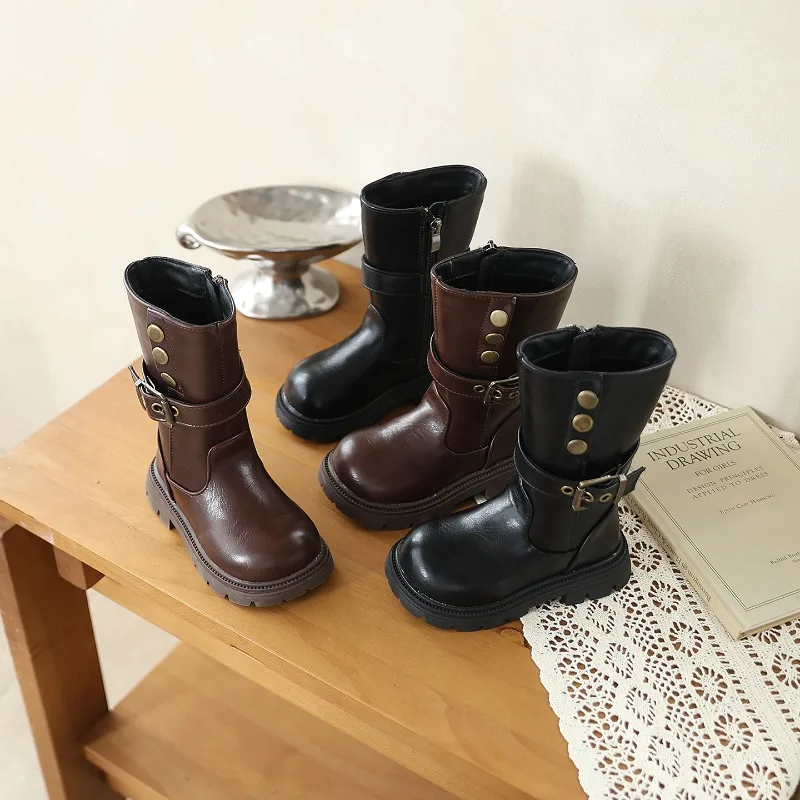 Little Girls Retro Mid Calf Boots Black Brown Children Outdoor Fashion Boots Thick Bottom Zipper Kids Causal Boots Soft Non Slip