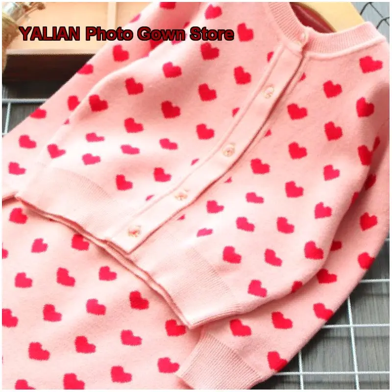 Girls Two-Piece Set Kids Wool Knit Top Solid Color Heart Print Round Neck Knit Dress
