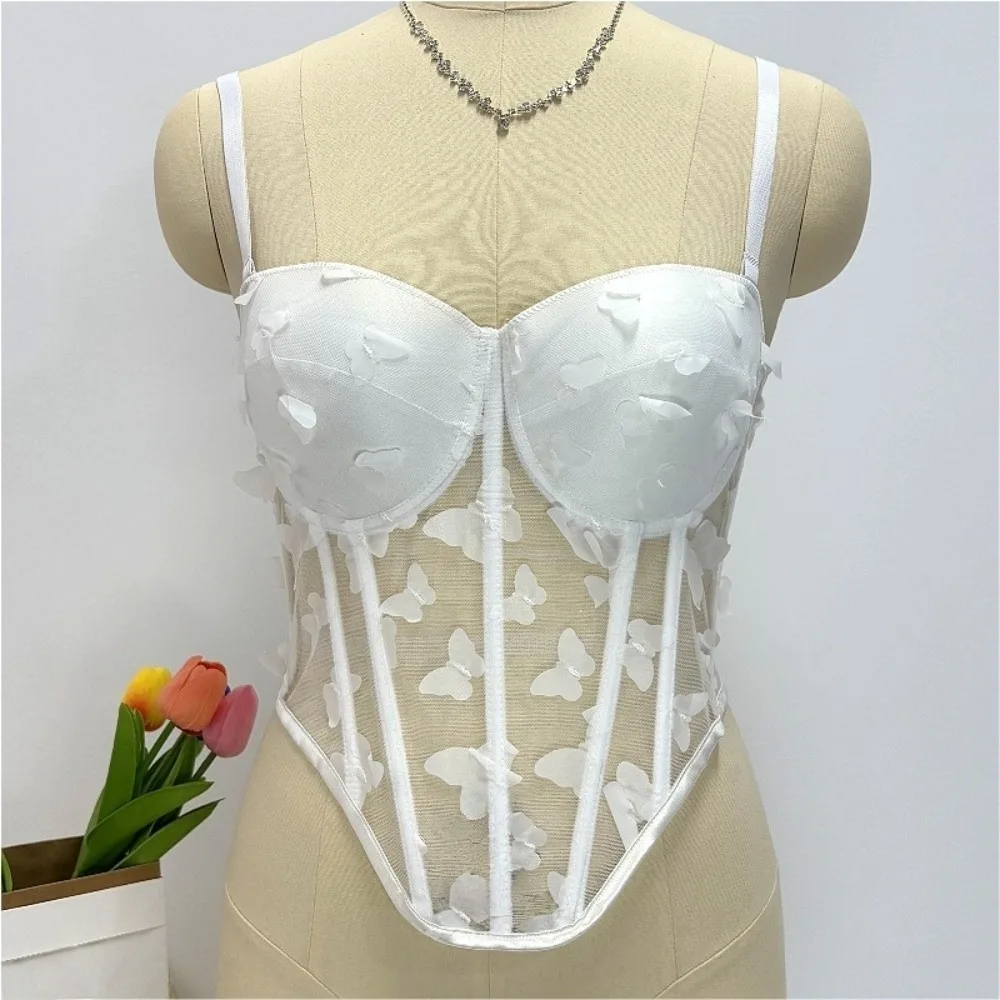 Corsé elástico de mariposa hueca, camisola transparente sin mangas, Tops cortos, ropa de calle, tanques, chaleco con tirantes para viaje