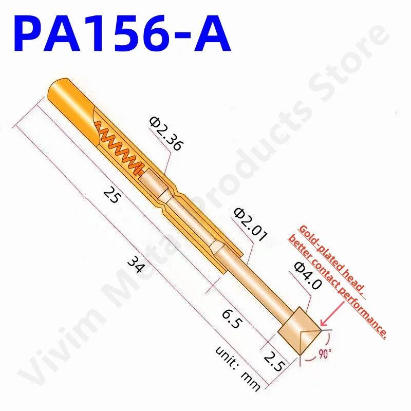 100PCS PA156-A2 Spring Test Probe PA156-A Test Pin Test Tool 34mm Dia 2.36mm Gold Needle Tip Dia 4.0mm Pogo Pin P156-A P156-A2