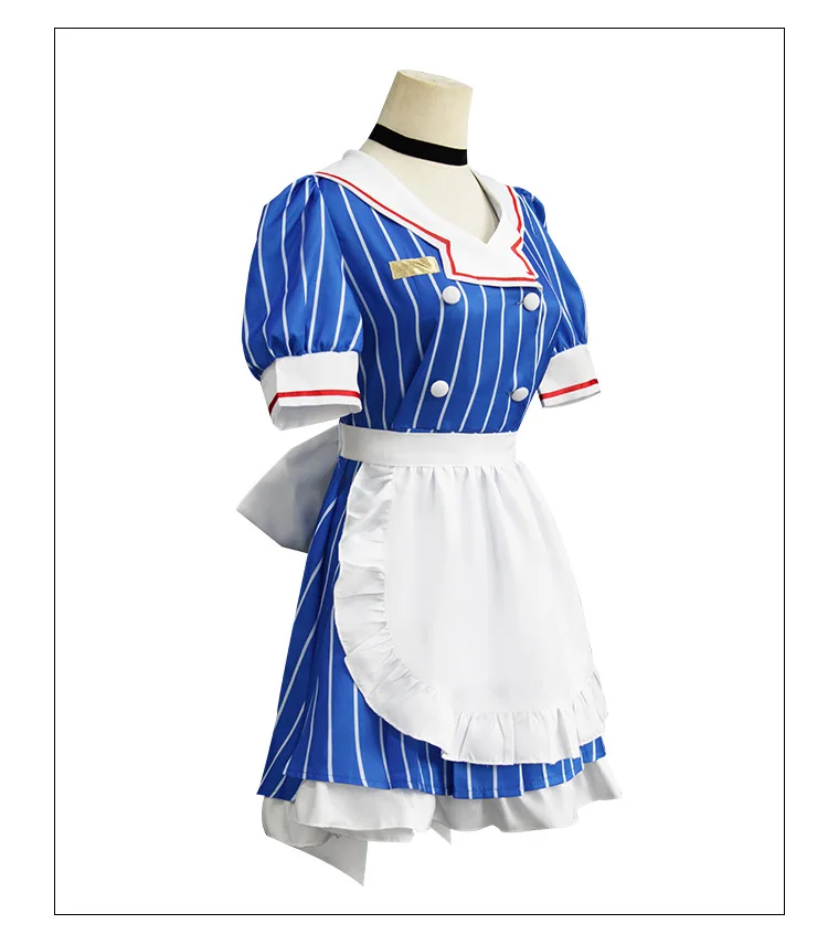 Costume de Cosplay avec Perruque pour Femme, Tenue de Demoiselle d'Halloween à Rayures Bleues, Accessoire de ix