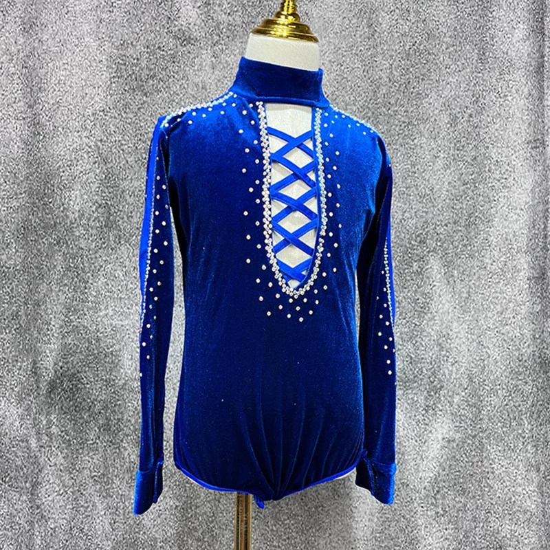 2024 Blue Velvet Latin Dance Tops Boys Kids Cha Cha Dance Costume Adult Men Latin Performance Wear Practice Bodysuit DNV21009