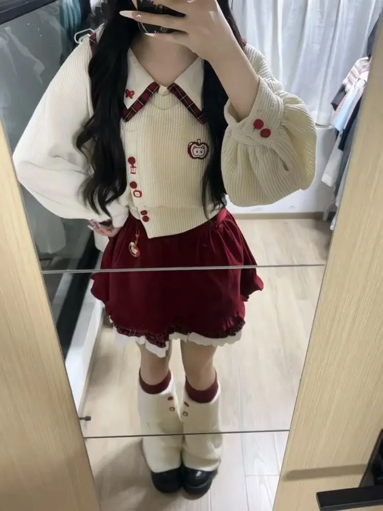 

Sweet Japanese Cute Style Patchwork 2-piece Set Long Sleeve Top + High Waist Skirt Shorts Suit Kawaii Sailor Collar Women Outfit