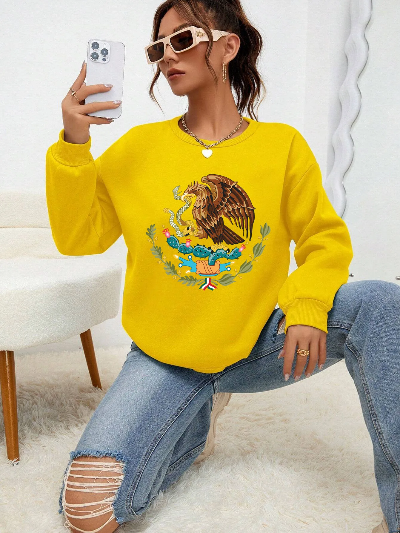 Mexico A Divine Eagle Holding A Snake In Its Beak Printed Streetwear Women  Autumn Sweatshirt Fleece Hoodies Crewneck Tracksuit