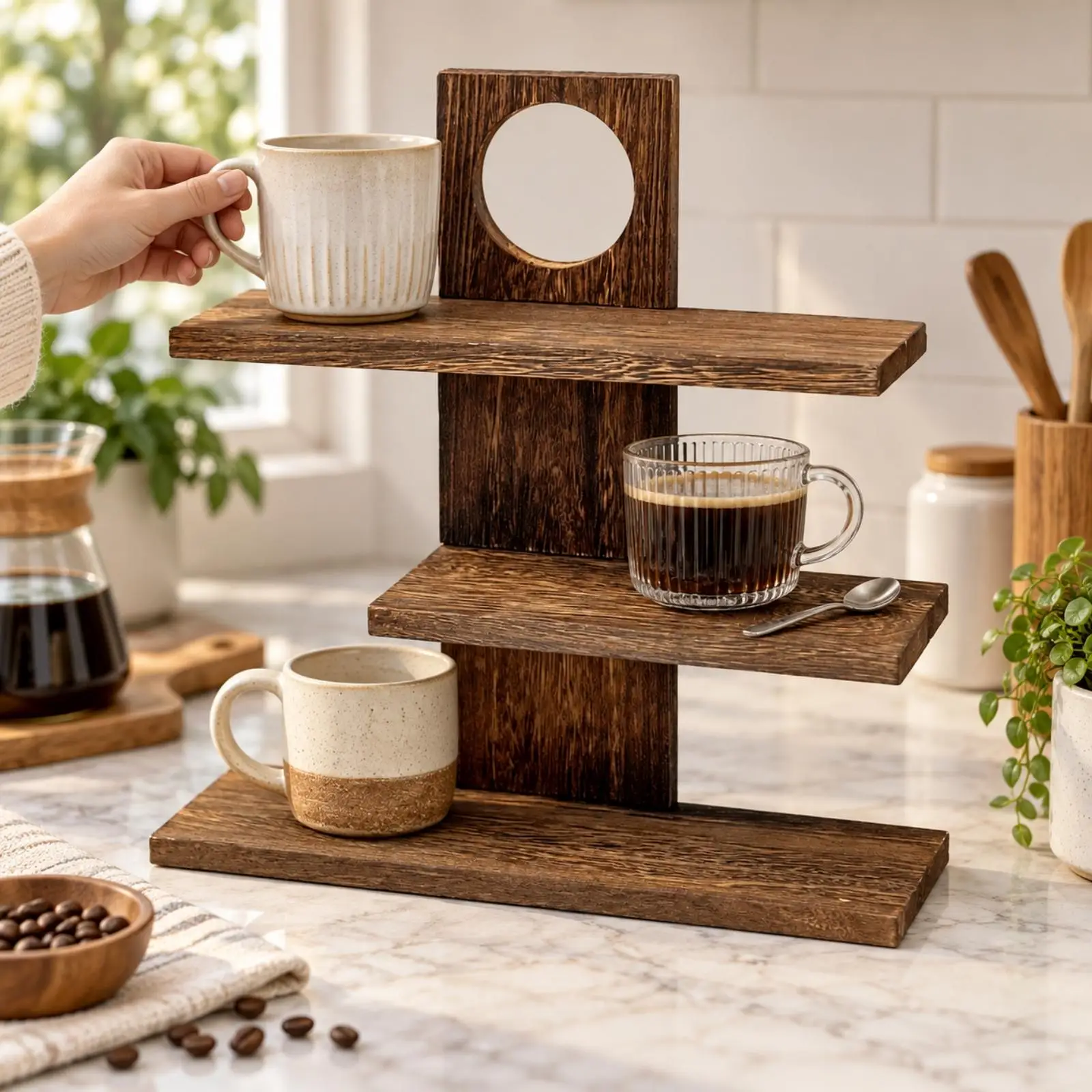 Wooden Tiered Shelf Organizer for Desk with Mug Holder Multi Layer Storage Rack for Coffee Bar Counter Shelf