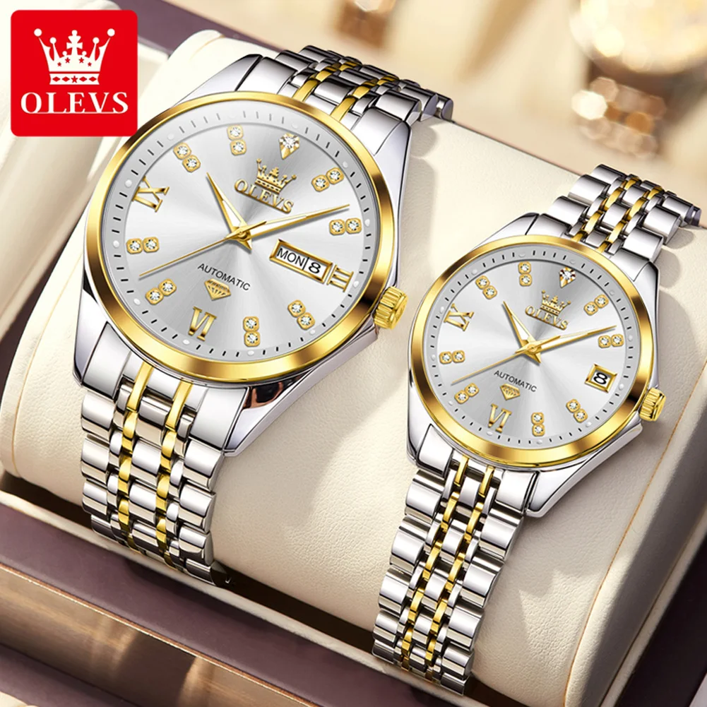 OLVES Diamond Couple Watch Set Original Automatic Mechanical Wristwatch for Men Women Elegant Luxury Dual Calendar Lover's Watch