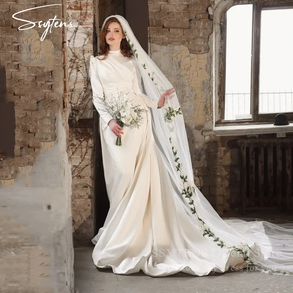 

SSYTENS Mermaid Elegant Satin Wedding Dresses Long Sleeves Saudi Arabia Modest Bridal Gowns vestidos de novia Customized 2026