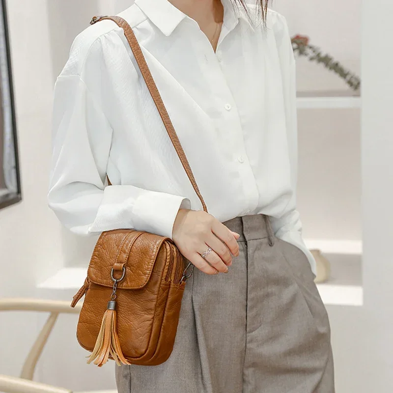 Soft Leather Crossbody Bags for Women Solid Color Tassel Shoulder Bag Retro Cell Phone Purse Handbags and Purses