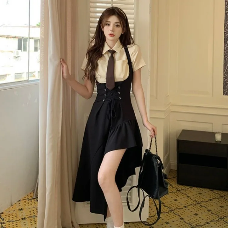 2024 Spring New Lapel Neck Shirts Women+ Vintage Lace Up Irregular Slim Waist Black Strap Dress Y2k E-Girl Two Piece Sets