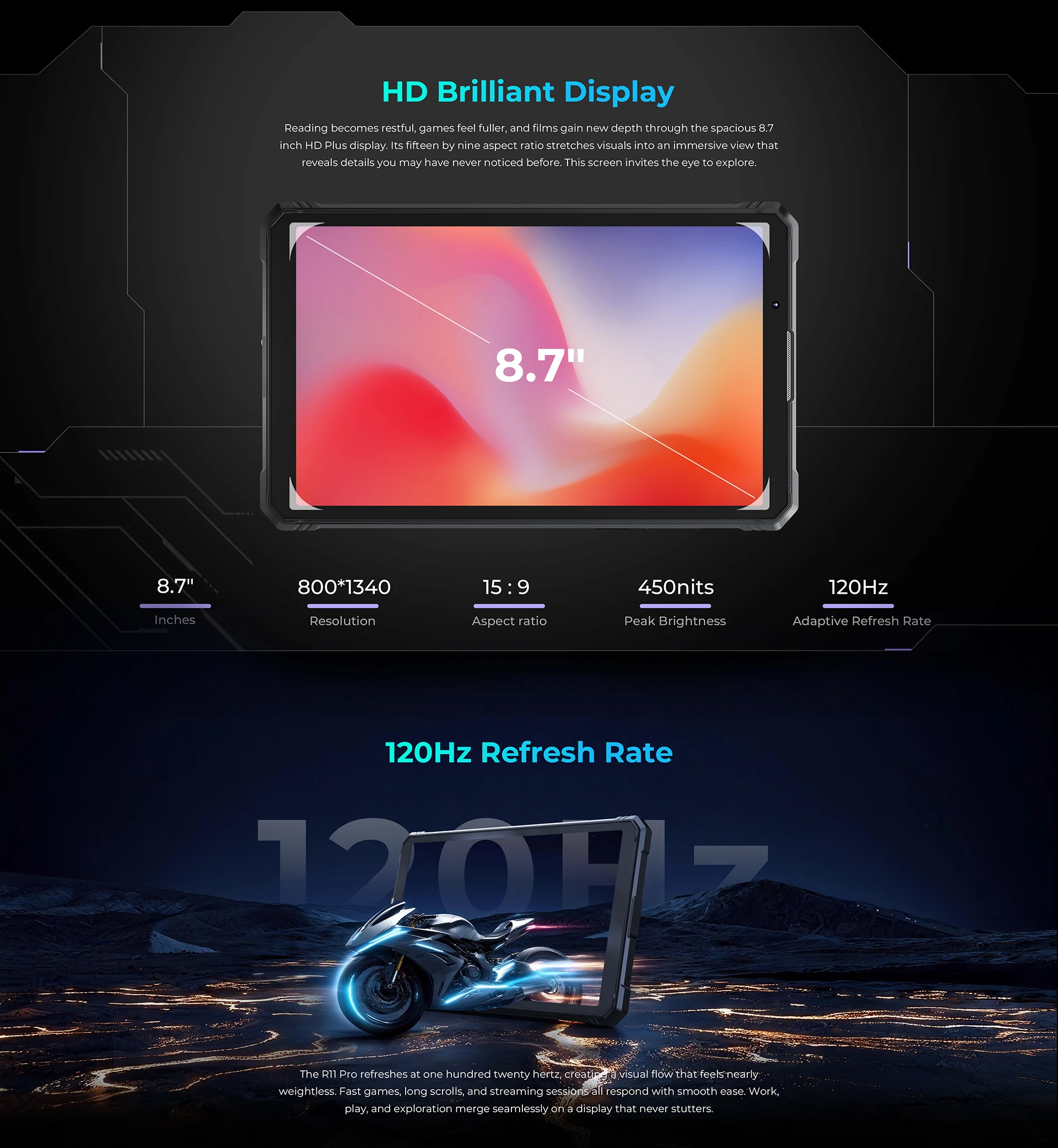 HOTWAV R11 Pro 8.7'' HD 120Hz Display Rugged Tablet 10150mAh Massive Battery 20W Fast Charging Android 16 Super Camping Light Pad 8GB RAM 256GB ROM 64MP + 16MP Camera 1080P Lightweight Tablet PC With Stylus Pen GPS WiFi OTG