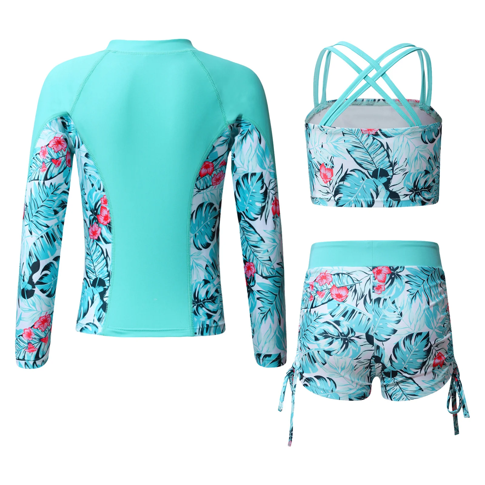 Kids Girls 3 Pcs Sun Protection Swimsuit Set Long Sleeve Front Zipper Coat with Tropical Print Tank Tops Shorts Tankini Outfit