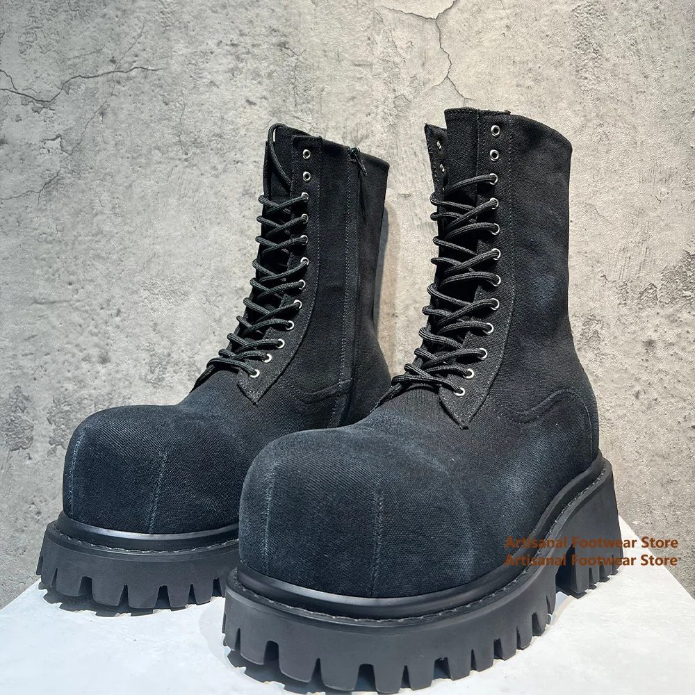 

Thick Soled Ankle Boots Men's Motorcycle Boots Black Denim Height Increasing Leather Boots Designer Trendy Handmade Men's Boots