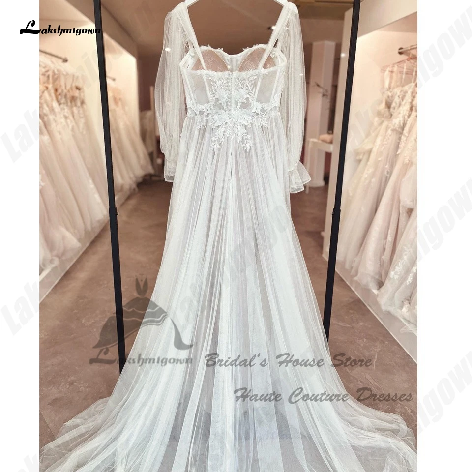 Laksh migown Puffy Langarm Brautkleider eine Linie brautkleine Korsett Blumen spitze Boho Prinzessin Braut Party kleider