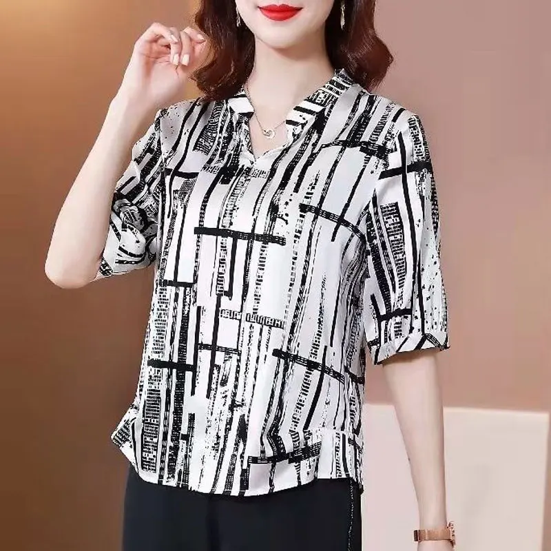 2023 New Casual Loose Stylish V-Neck Blouse Summer Short Sleeve Commute Female Clothing Printed Korean Patchwork All-match Shirt