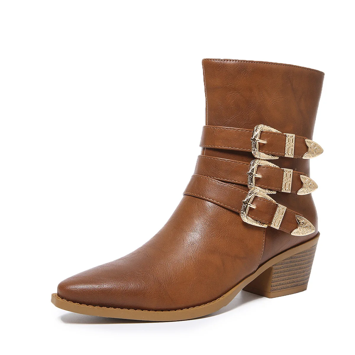 Women's Versatile Western Short Boots Three Row Belt Buckle Breathable Thick Heel Comfortable Ankle Outdoor Leather Boots