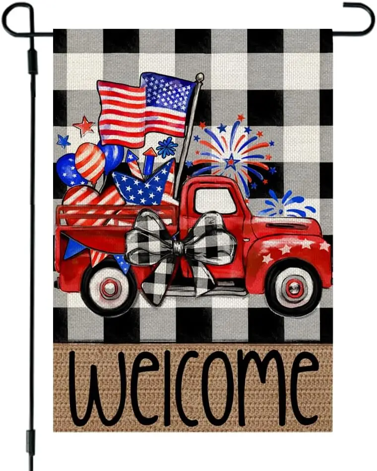 CROWNED BEAUTY 4th of July Patriotic Truck Garden Flag 12x18 Inch Double Sided for Outside Small Burlap Independence Day Buffalo