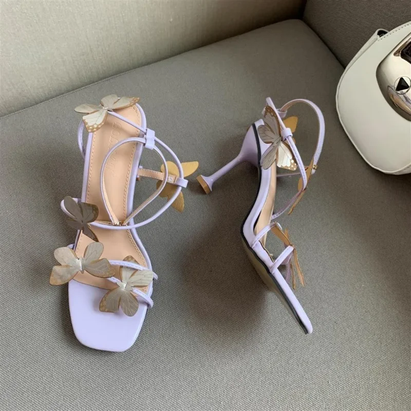 2024 Summer New Butterfly Lady High Heel Sandals Square Toe Casual Sandals Women Elegant Stiletto Heel Ankle Strap Party Shoes