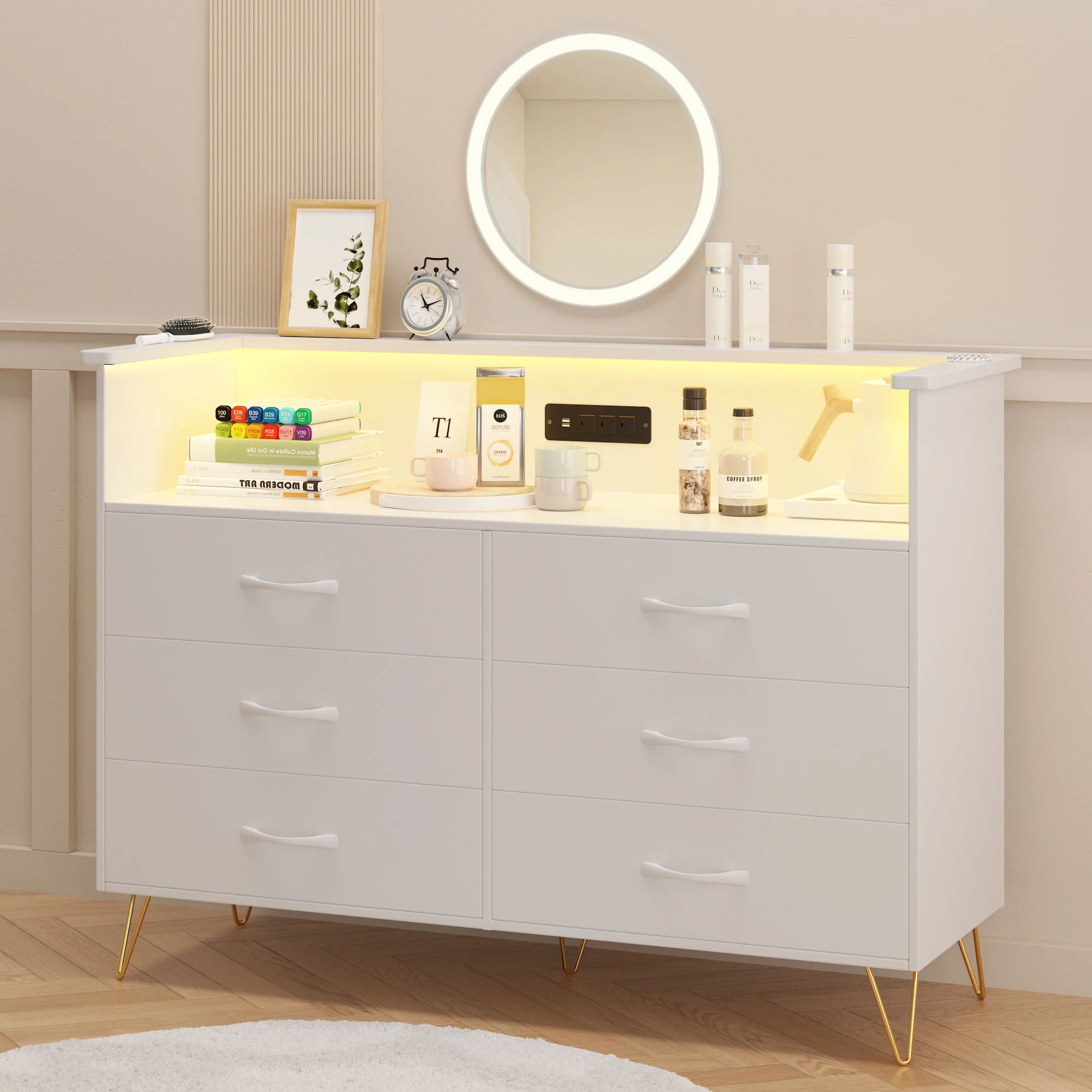 White Dresser for Bedroom with Power Outlet & LED Light,6 Wooden Drawers Dressers with 2-Tier Open Shelves for Living Room