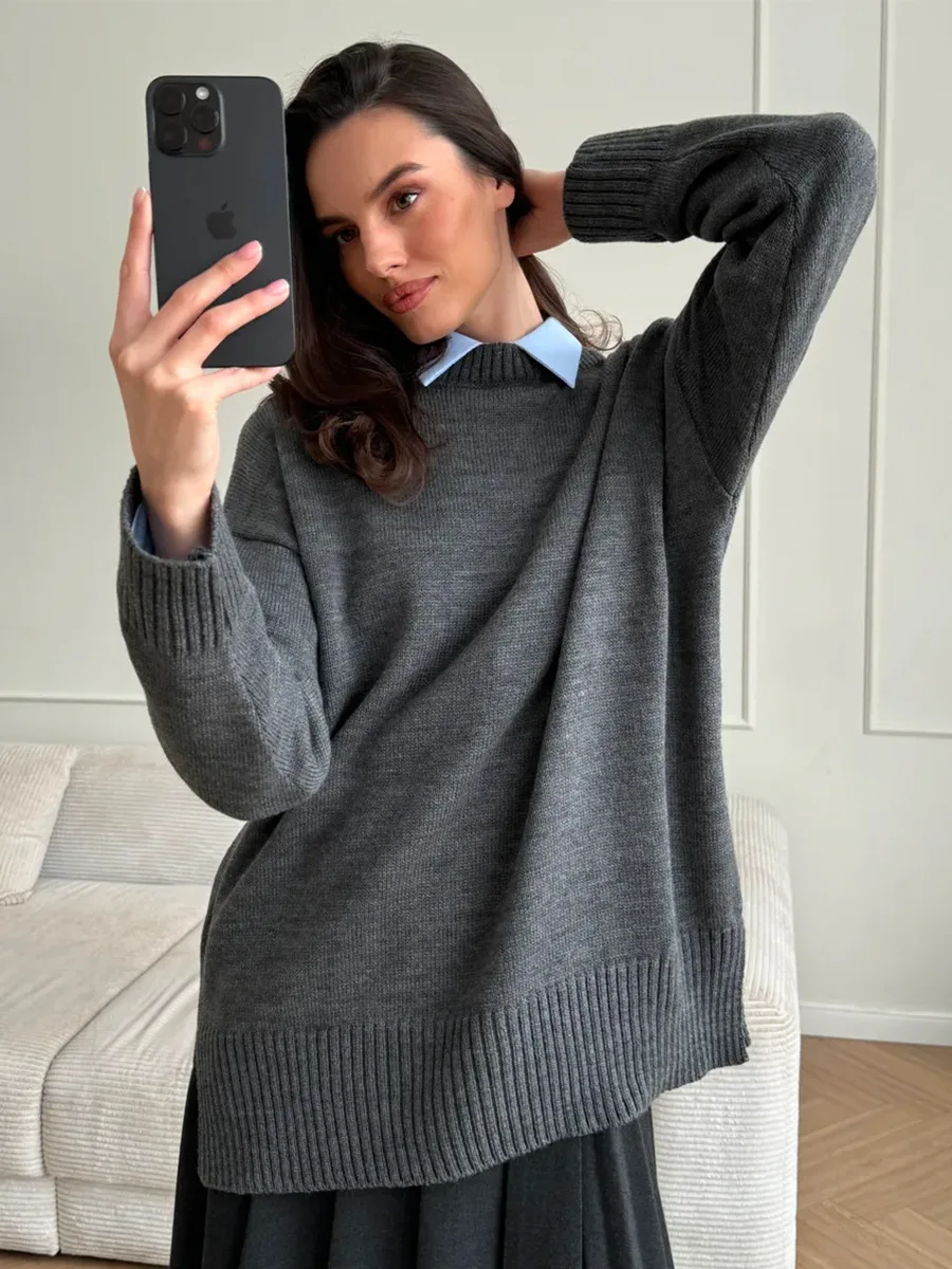 Blubelle dames herfst winter effen kleur gebreide trui met zijsplitten O-hals lange mouw losse pasvorm casual truien