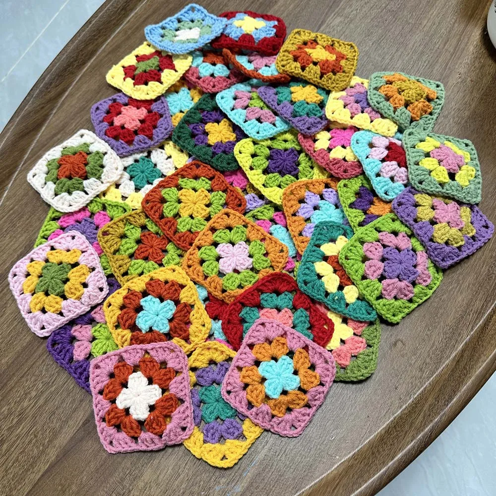 DIY Crochet Doilies Multicolor Coasters Square Table Mats Decoration Handmade Crochet Cup Pad 9cm Wool Clothes Patch 50pcs/lot