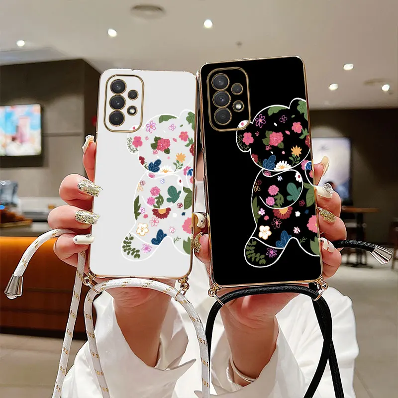 Bloem Beer Crossbody Lanyard Siliconen Telefoon Hoesje Voor Samsung Galaxy A73 A71 A71 A52 A52 A32 A53 A 03S A04 A03 A54 A51 Cover