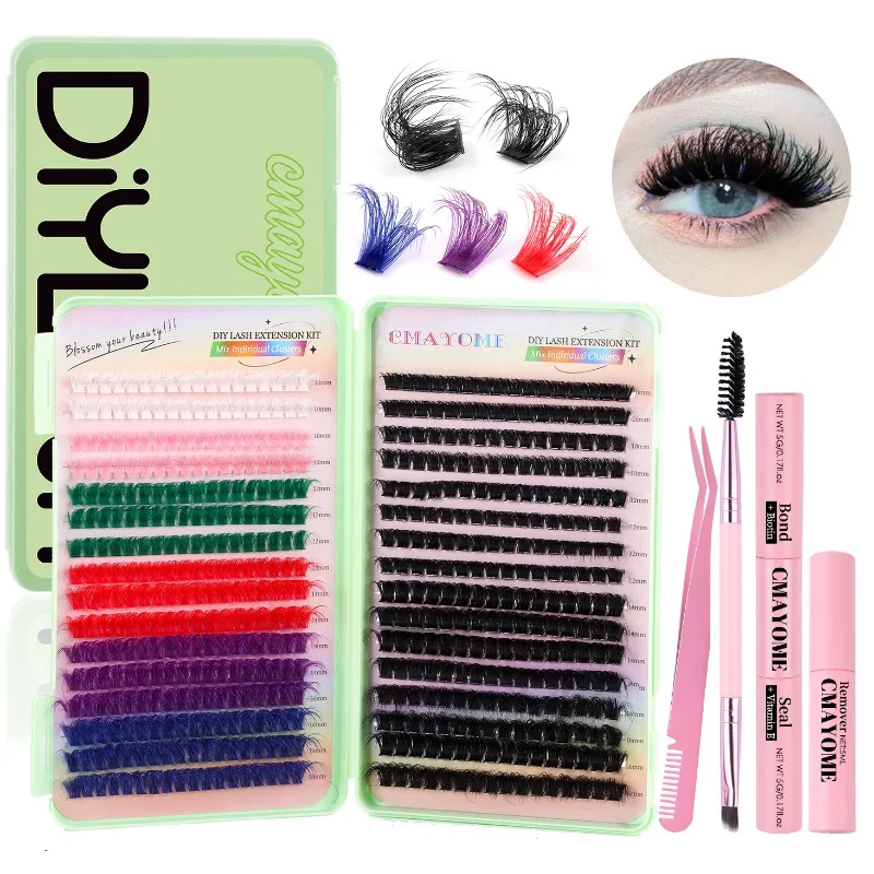 

Halloween Colour Lash Extension Kit Supplies 80/100D Colorful Clusters False Eyelashes Set Bond and Seal Glue Big Volume Lashes