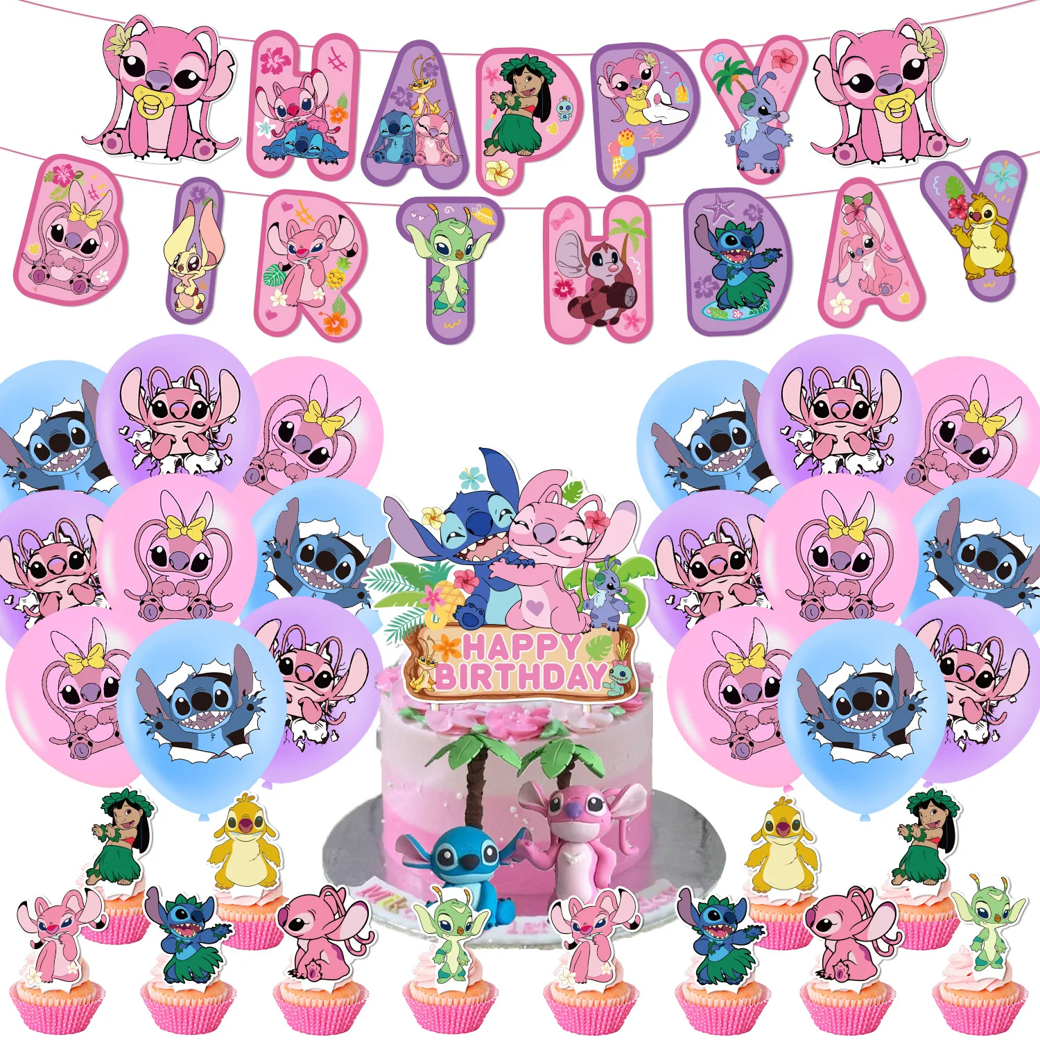 

New Pink Stitch themed Theme DIY Balloons Party Supplies Birthday Banner Latex Balloon Decoration Cake Supplies Baby Shower Toys