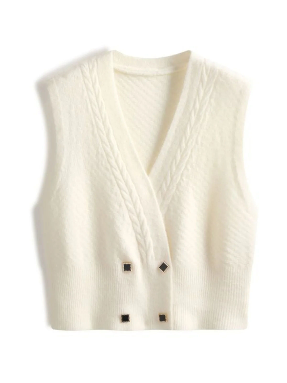 

Retro Knitted Vest Women's Double Button Design Svel Sweater Jaet Slimming Versatile Tank Top ort Length V-Ne