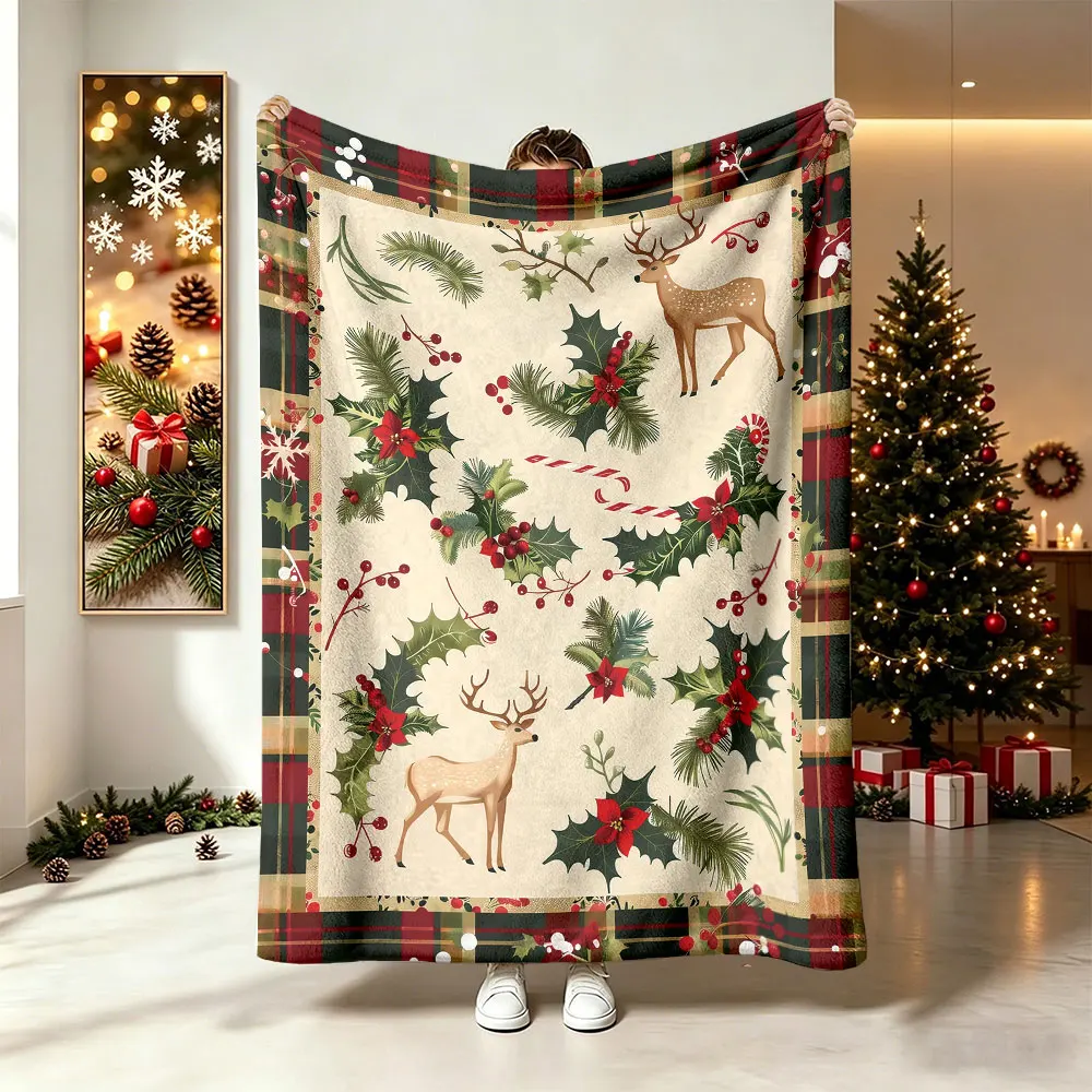 230g Flannel Fleece Blanket Christmas Wreath Garland Pattern Soft Warm Cozy Winter Blanket for Christmas Decoration