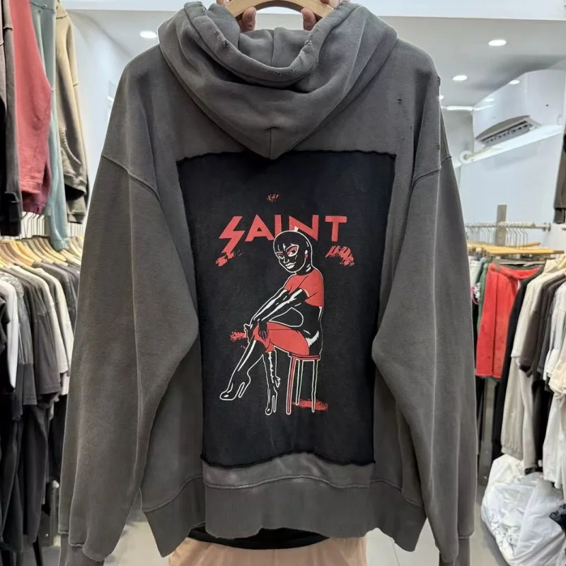 

Men Women Water Washed Do Old Hole Saint Hoodie Sweatshirt Cartoon Portrait Pattern Printed Casual High Street Hooded Pullover