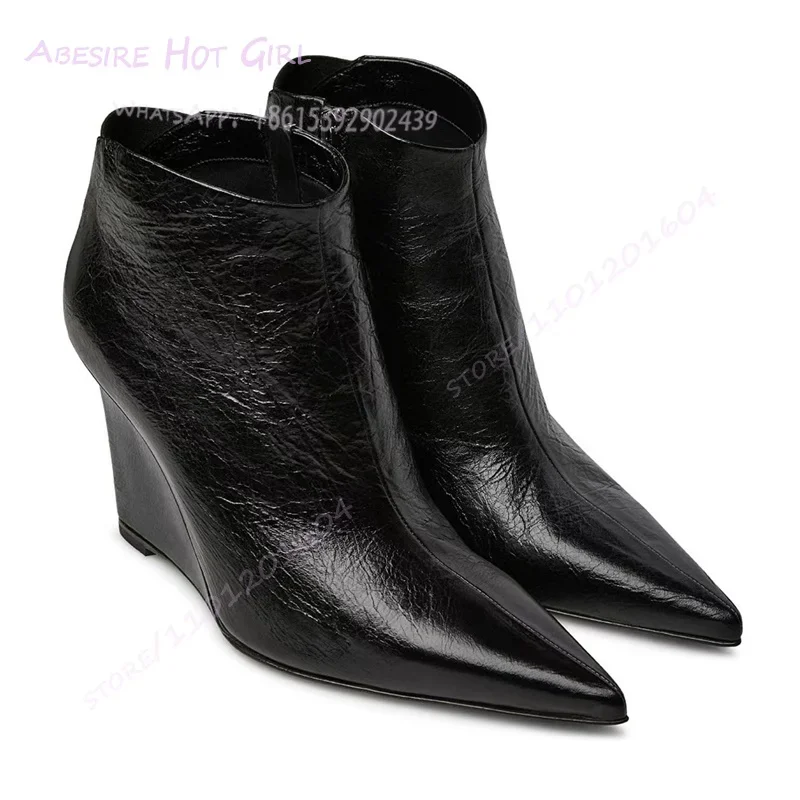 

Deep Black Suede Wedge Heel Ankle Boots Women Pointed Toe Grape Purple Zip Winter Matte Leather Sexy Casual Girls British Shoes