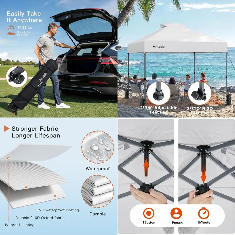 

10x10 Instant Beach Tent with Easy Setup, Adjustable Height, Waterproof Shade, Wheeled Bag, 8 Stakes, 4 Sandbags