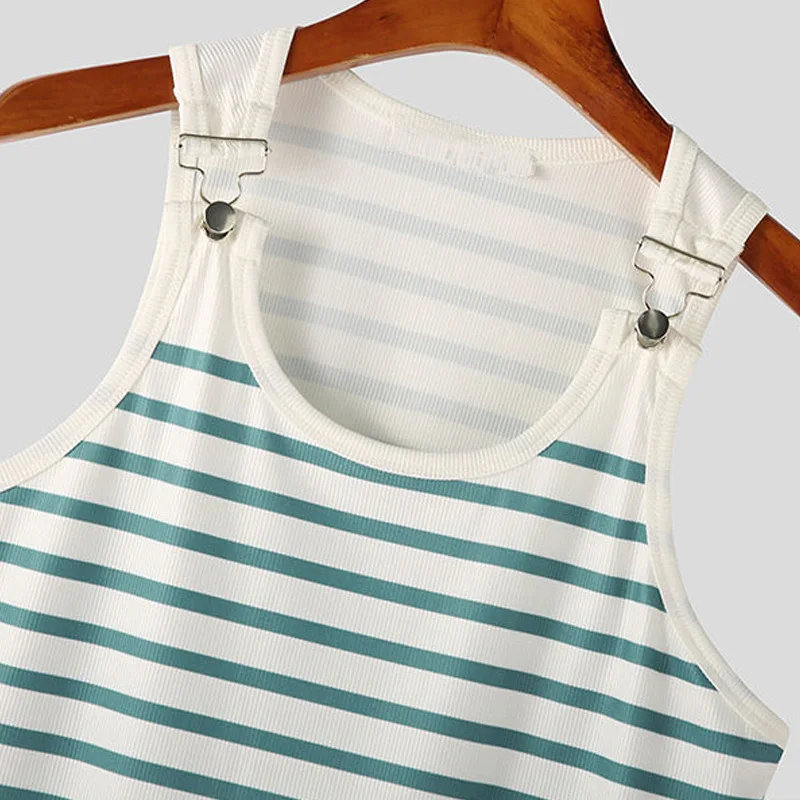 Men's Slim Fit Vest T-Shirt Fashion Metal Buckle Spot Striped Stretch U-Neckline A-Line Narrow Shoulder Strap Citywalk Wear