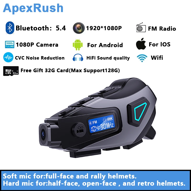 

Apex Rush Motorcycle Helmet Bluetooth Headset with Camera Built-in 1200mAh Battery Super Long Standby Waterproof IP65 FM Mode