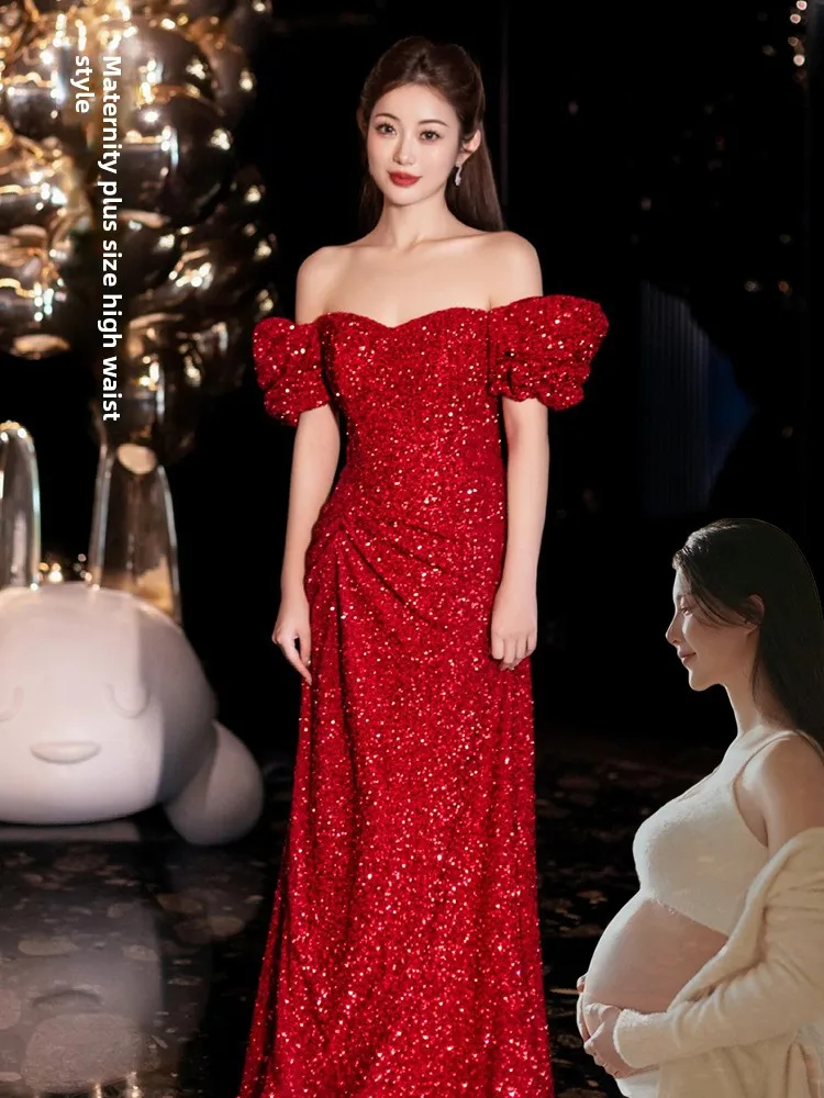 

Red Sequin Bridal ower Dr plus Size Ele High Waist A-Line Skirt Long Evening Gown for Wedding Cany Year End Par