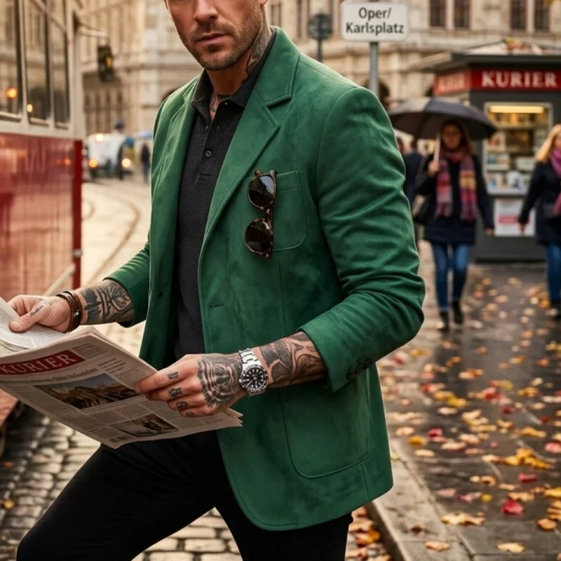 Neue Herbst/Winter Herren Leichte Wildlederjacke Business Casual Streetwear Pendler-Mantel Einfarbige Büro-zu-Straßen-Oberbekleidung für Männer – Detail 8