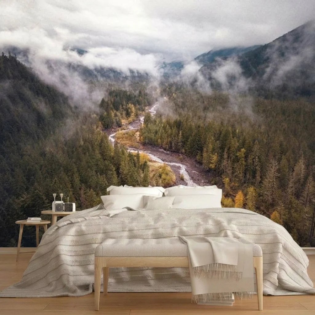 Self-adhesive material featuring winding streams and lush green forests, perfect for living room and bedroom background walls.