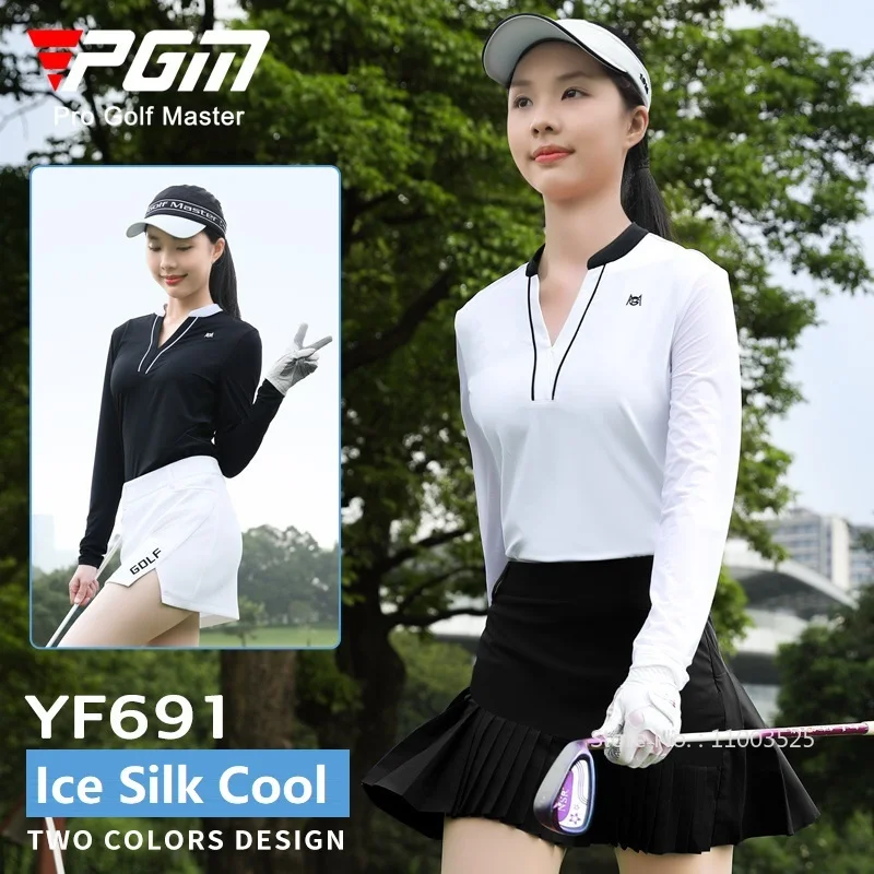 Pgm Women Outdoor V-neck Golf Shirts Ice Silk Long-sleeved Sports Top Slim Sunscreen Casual T-Shirts Lady Cooling Golf Clothing