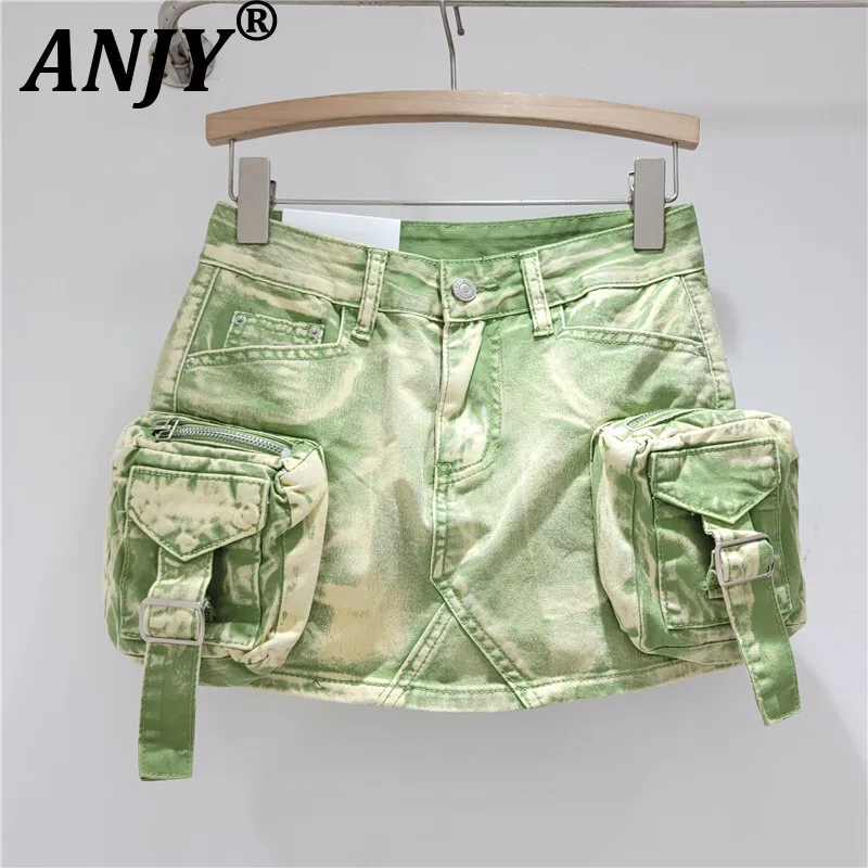 ANJY Summer Women Trendy 3D Pocket Streetwear Cargo Denim Skirt Slim Sexy Hot Girl Tide Fresh A-Line Bodycon Short Skirts A14609