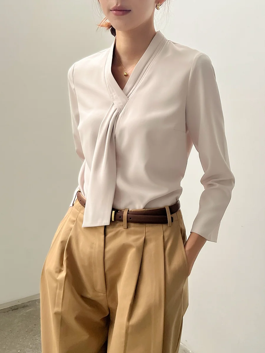 

JANE Pear Color V-Neck Shirt Women's Design Sensation Seven-Arm Sleeve Elegance Sash Commute Professional Shirt OL Style Stra...