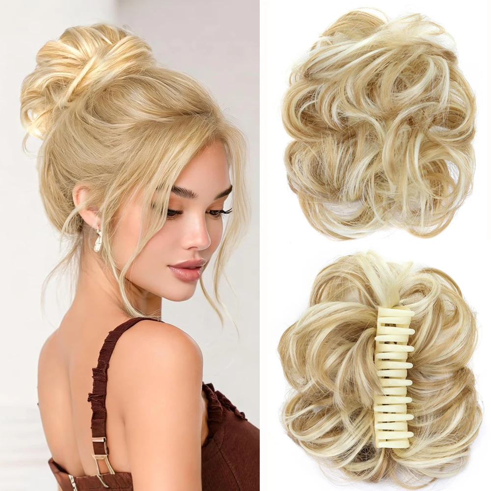 Synthetischer Messy Bun Haargummi mit Haarklammer, Haarverlängerung aus Hochtemperaturfaser, Flauschiger Chignon für Frauen – Detail 12