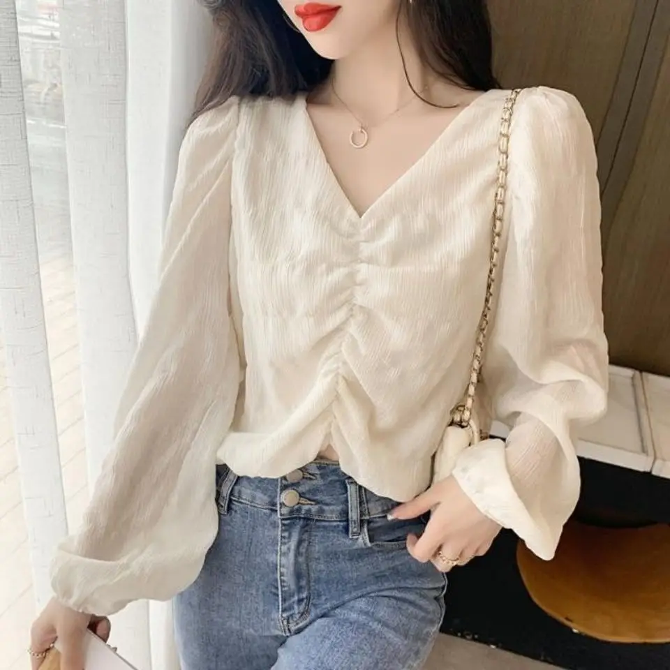 Temperament V-neck Bubble Sleeve Chiffon Shirt Women's Spring Autumn New Loose Casual Long Sleeve Folded Short Top