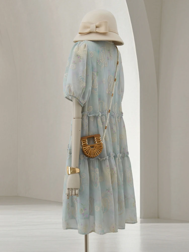 Vestido midi feminino com decote em V, manga curta, renda bordada, francês, elegante, em camadas, vestido de verão com detalhes florais vazados